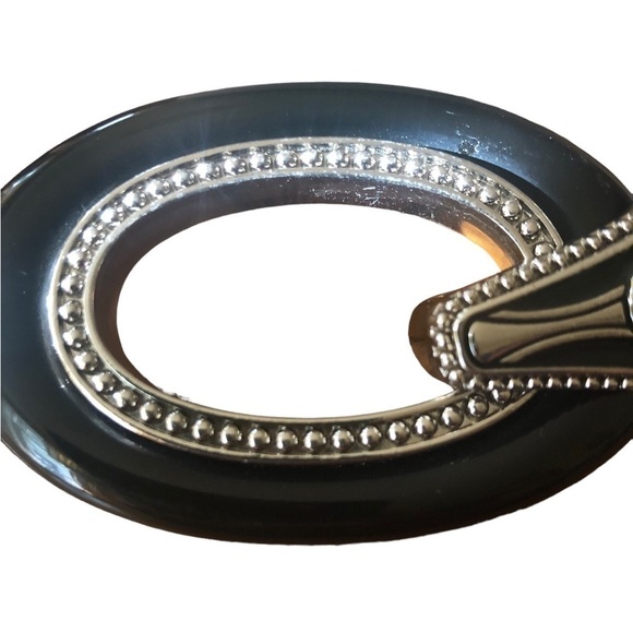 Chico’s Statement Silver Black Metal Buckle Adjustable Black Leather Belt M/L